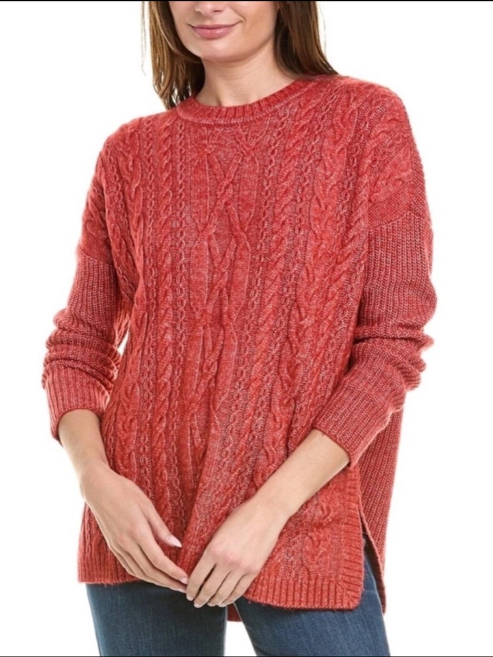 CAbi Cable Knit Oversized Crewneck Sweater - Coral Red/Orange